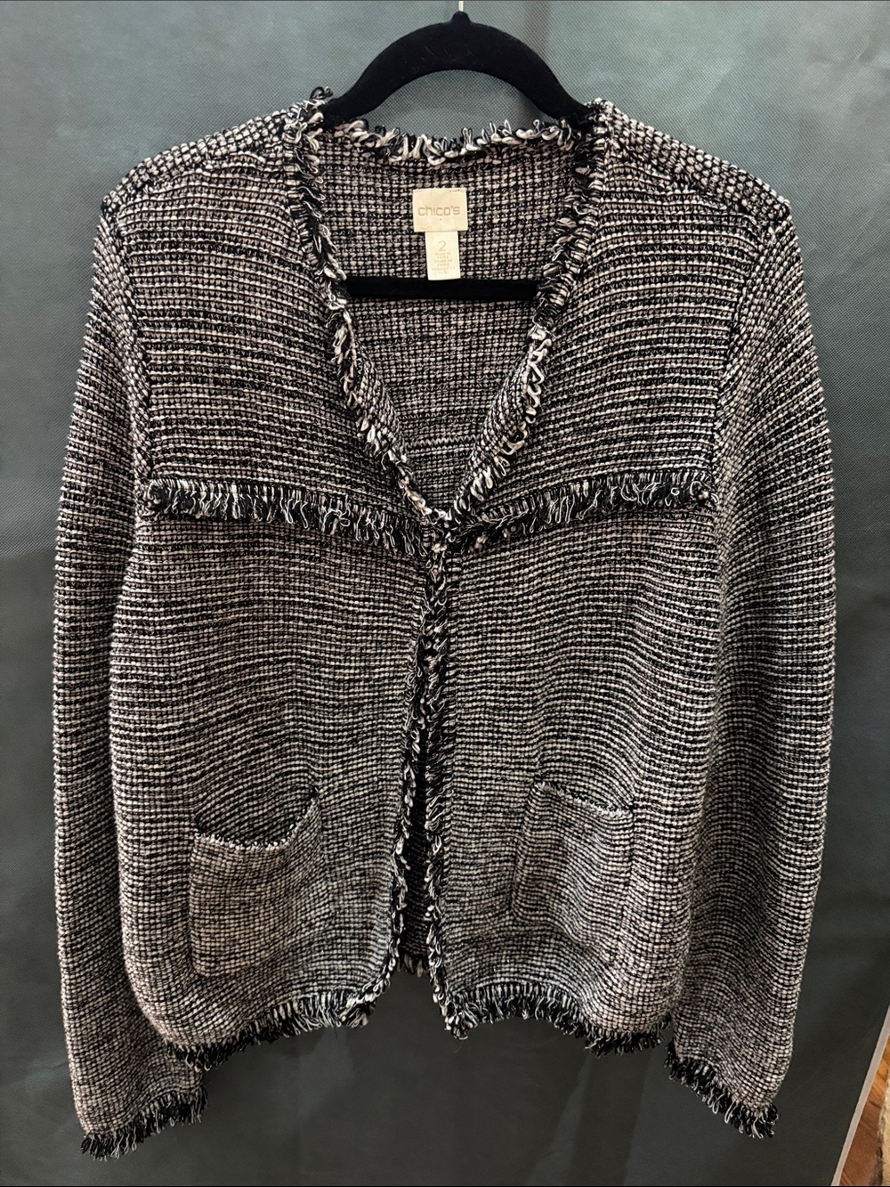 Chico's Black and White Bouclé Fringe Cardigan